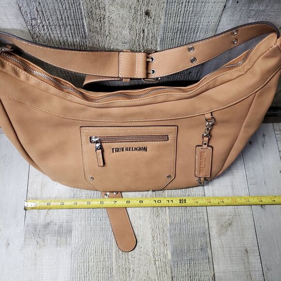 TRUE RELIGION Purse Bag Suede Hobo Crossbody Tan Adjustable Strap Zip Top NEW - Picture 11 of 12